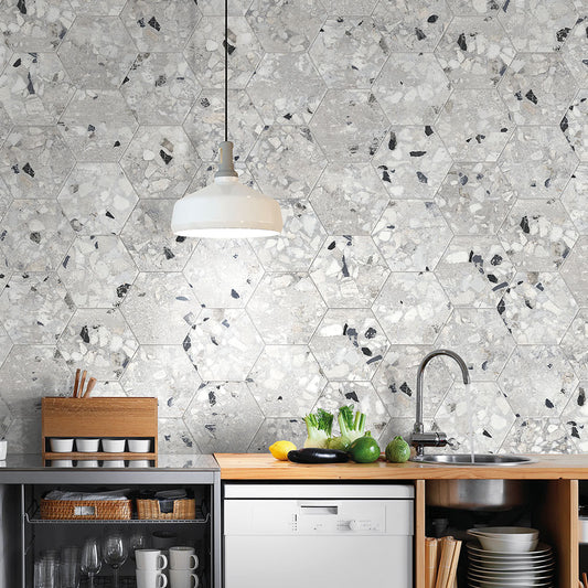 RECYCLE River White 8 x 10 hexagon terrazzo style porcelain tile