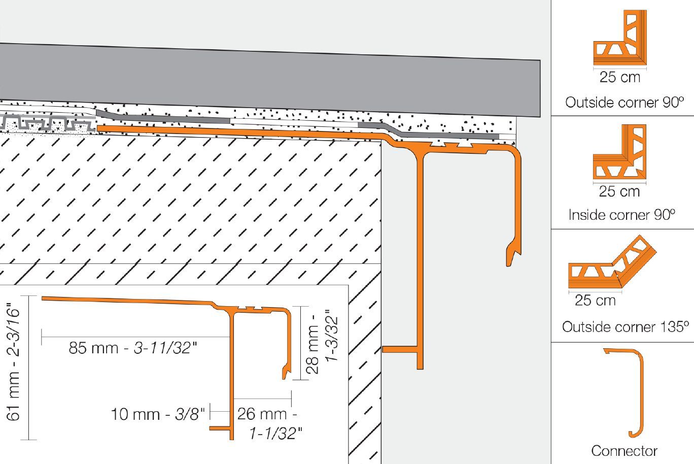 Schluter® BARA-RAK Metallic Grey edging profile with drip lip for balconies