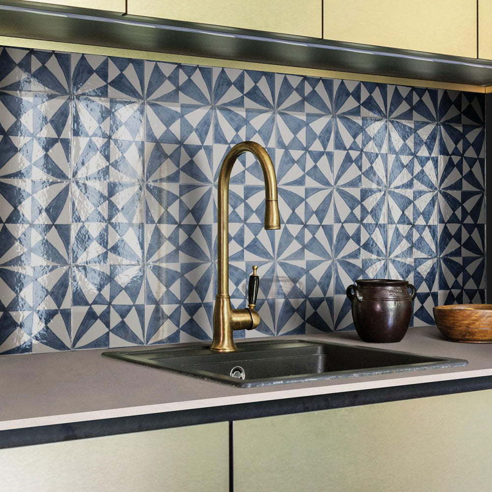 MEMORIA Blu Tappeto #1 6 x 6 hand painted style glossy wall tile