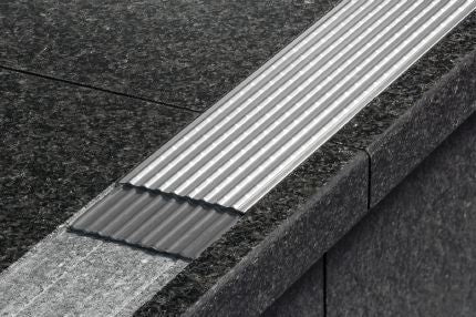 Schluter® TREP-EFK stainless steel stair profile with slip-resistant wear surface
