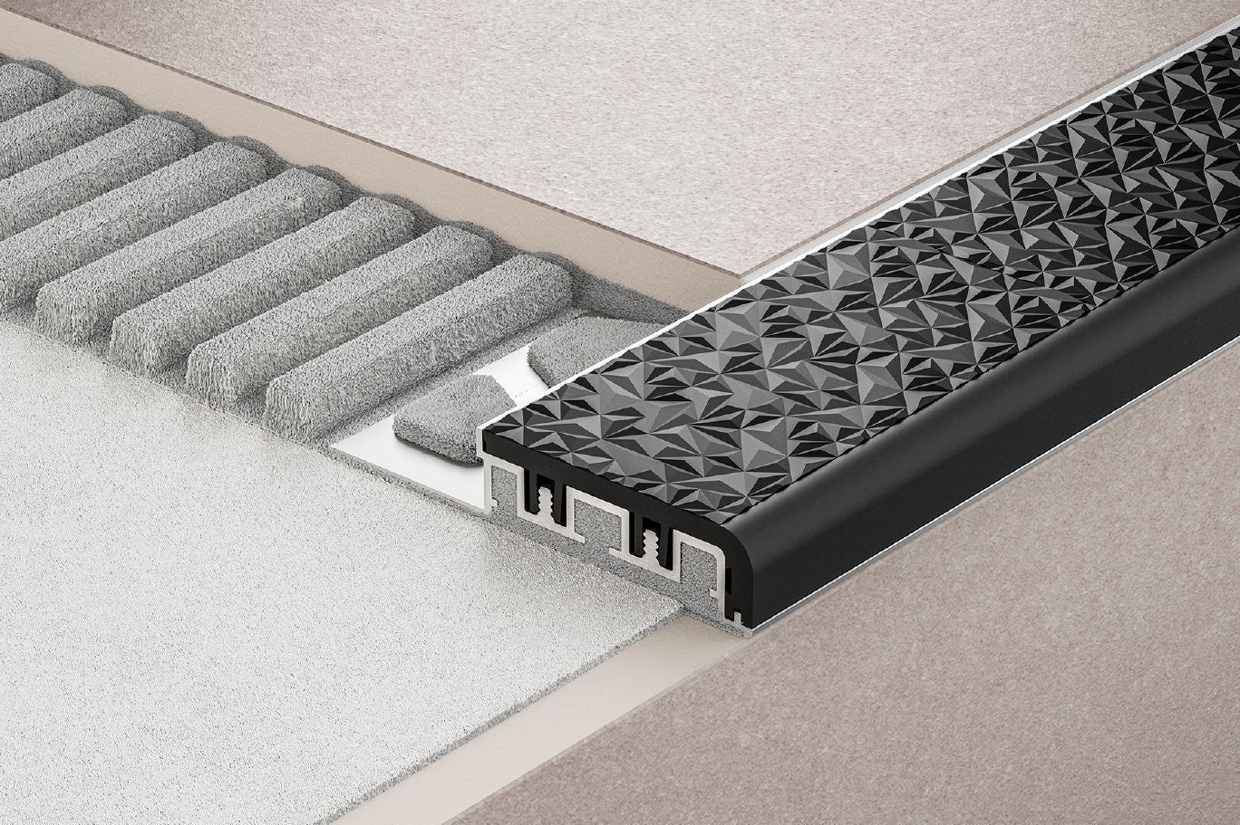 Schluter® TREP-V anodized aluminum stair profile with textured slip-resistant PVC tread