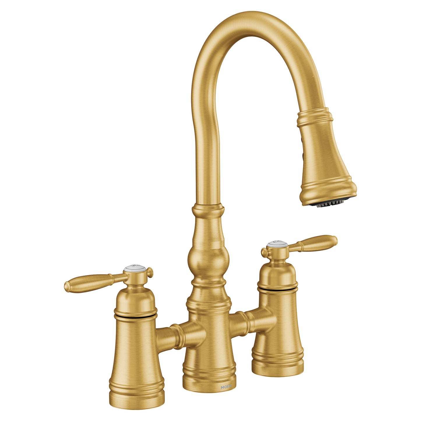 Moen WEYMOUTH Brushed Gold two-handle bridge pulldown kitchen faucet