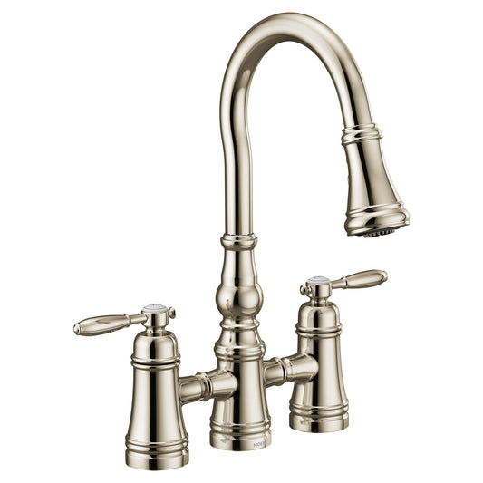 Moen WEYMOUTH Polished Nickel two-handle bridge pulldown kitchen faucet