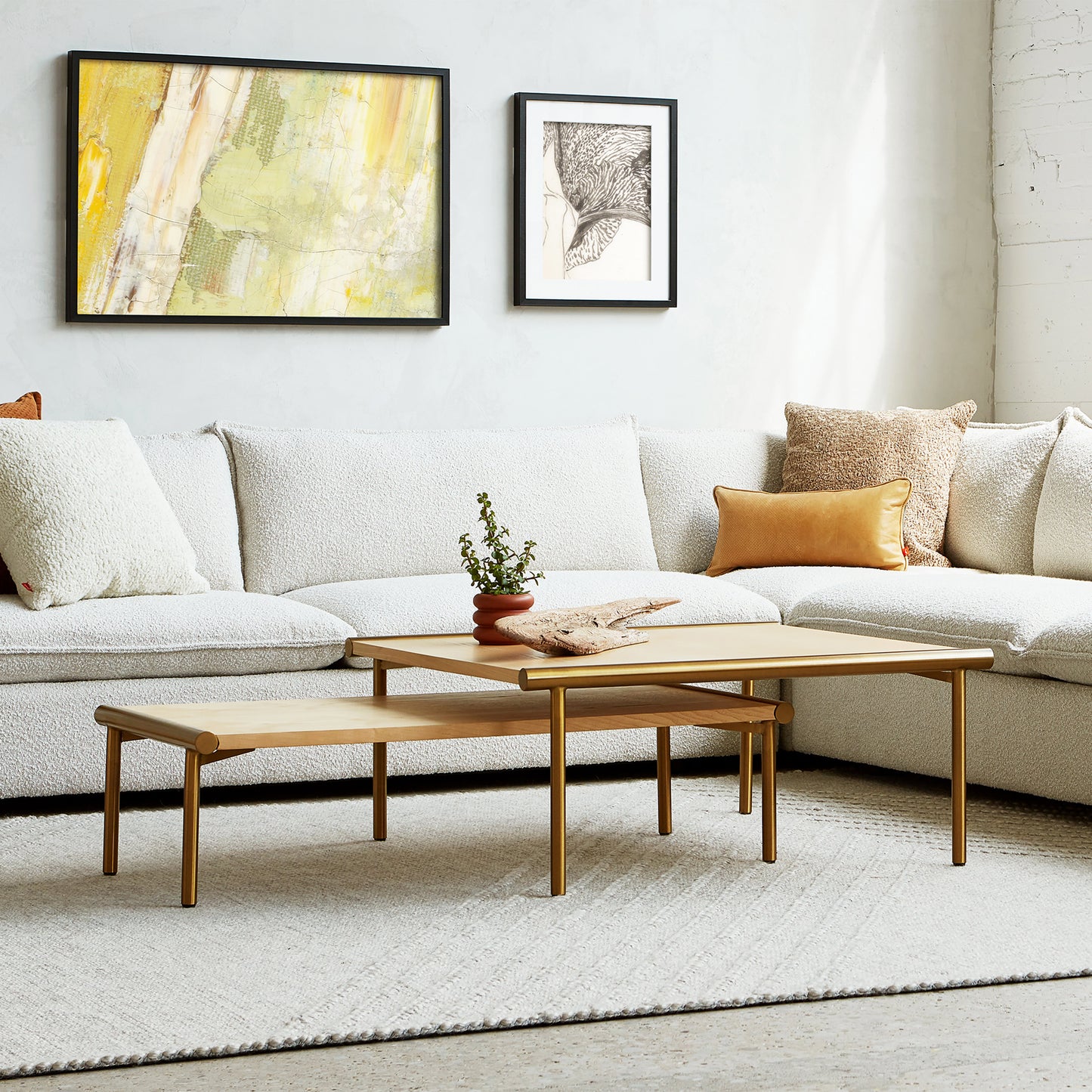 Gus* Modern MANIFOLD Blonde Ash rectangle coffee table with Brass