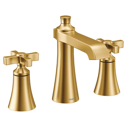 Moen TS6985BG | FLARA gold widespread vanity faucet - X handle