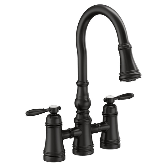 Moen WEYMOUTH Matte Black two-handle bridge pulldown kitchen faucet