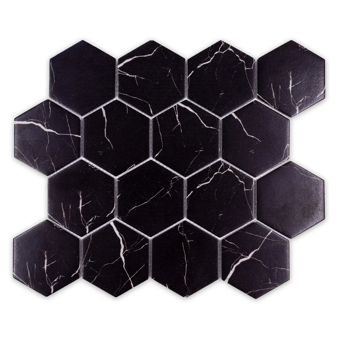 VENETTA Marquina hexagon 3 x 3 mosaic marble style wall / floor tile